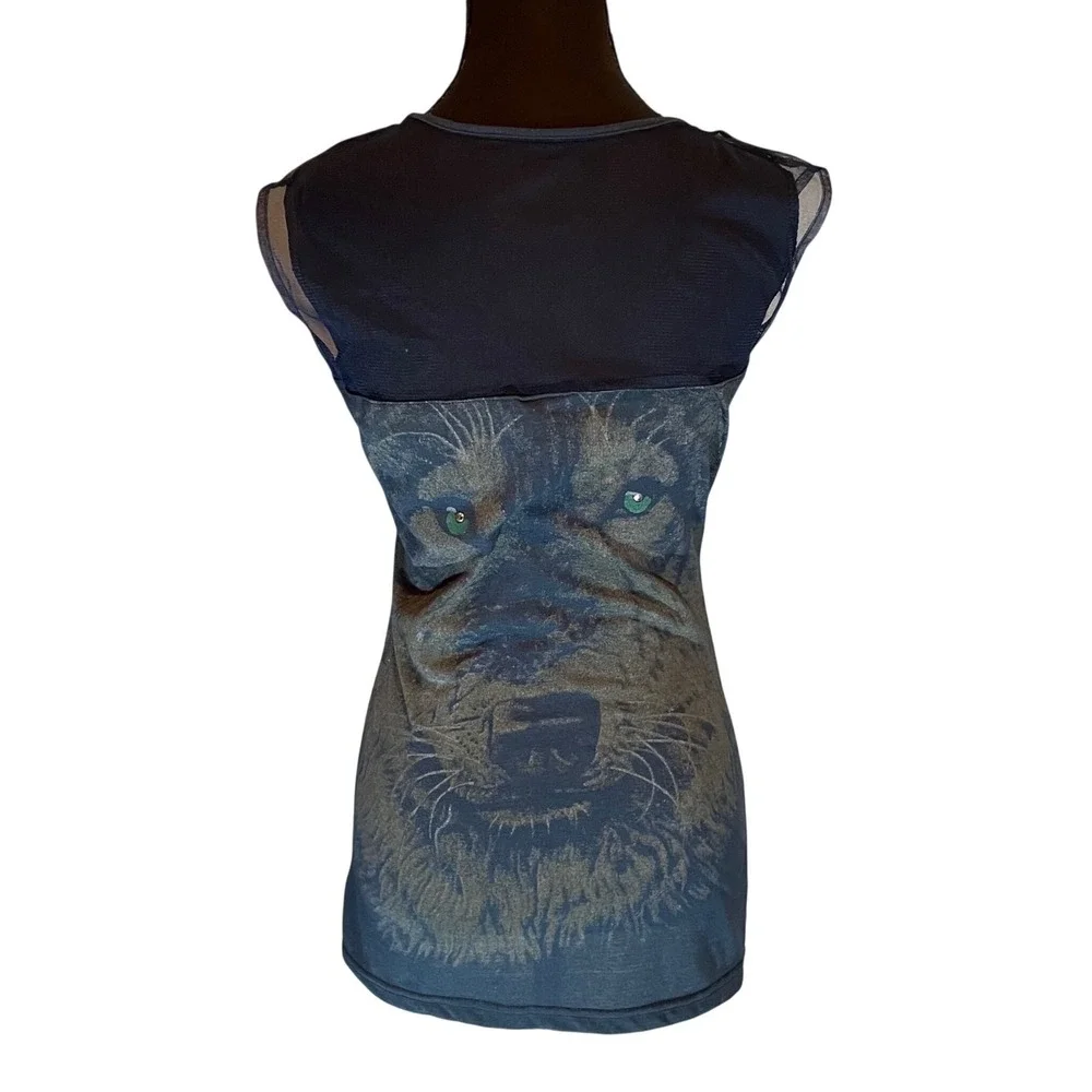 rue21 Womens Wolf Graphic Rhinestone Mesh Yoke Sleeveless Tunic Top M Whimsigoth